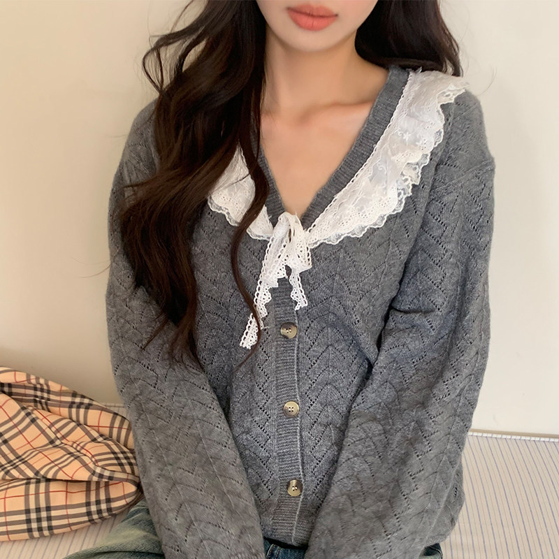 橘子树在哪儿慵懒风miu系蕾丝V领针织开衫女秋季宽松显瘦毛衣外套,淘宝优惠券,粉丝福利购,淘宝优惠卷