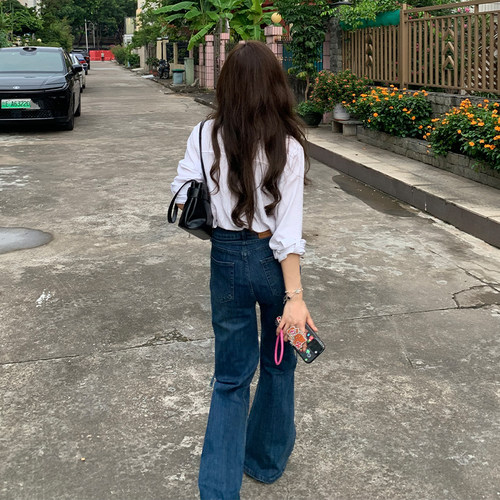 【限时价】橘子树在哪儿蓝色微喇牛仔裤女秋季直筒气质绑带马蹄裤 - 图1