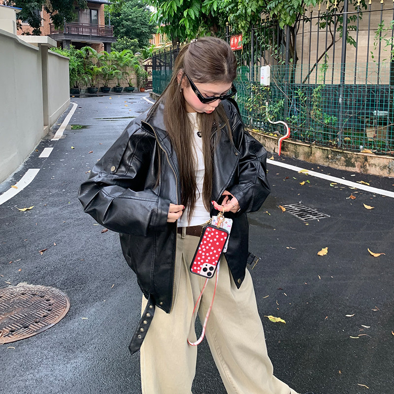 橘子树在哪儿美式黑色皮衣外套女秋季酷飒风宽松休闲百搭机车夹克,淘宝优惠券,粉丝福利购,淘宝优惠卷