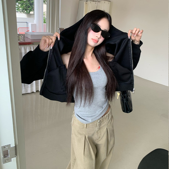 橘子树在哪儿韩系短款连帽卫衣外套女秋季慵懒风休闲百搭长袖上衣