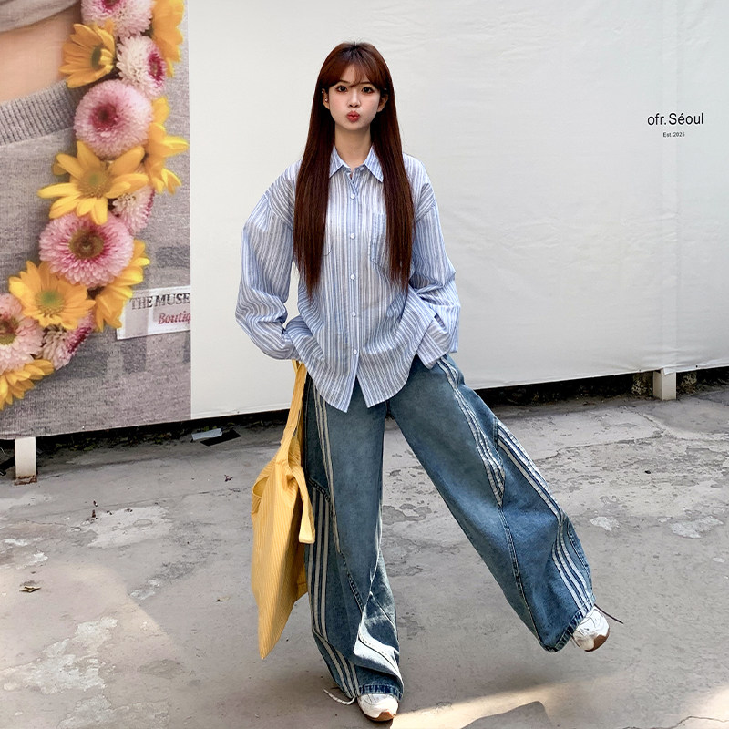 橘子树在哪儿复古水洗条纹牛仔裤女春季设计感宽松显瘦弯刀阔腿裤,淘宝优惠券,粉丝福利购,淘宝优惠卷