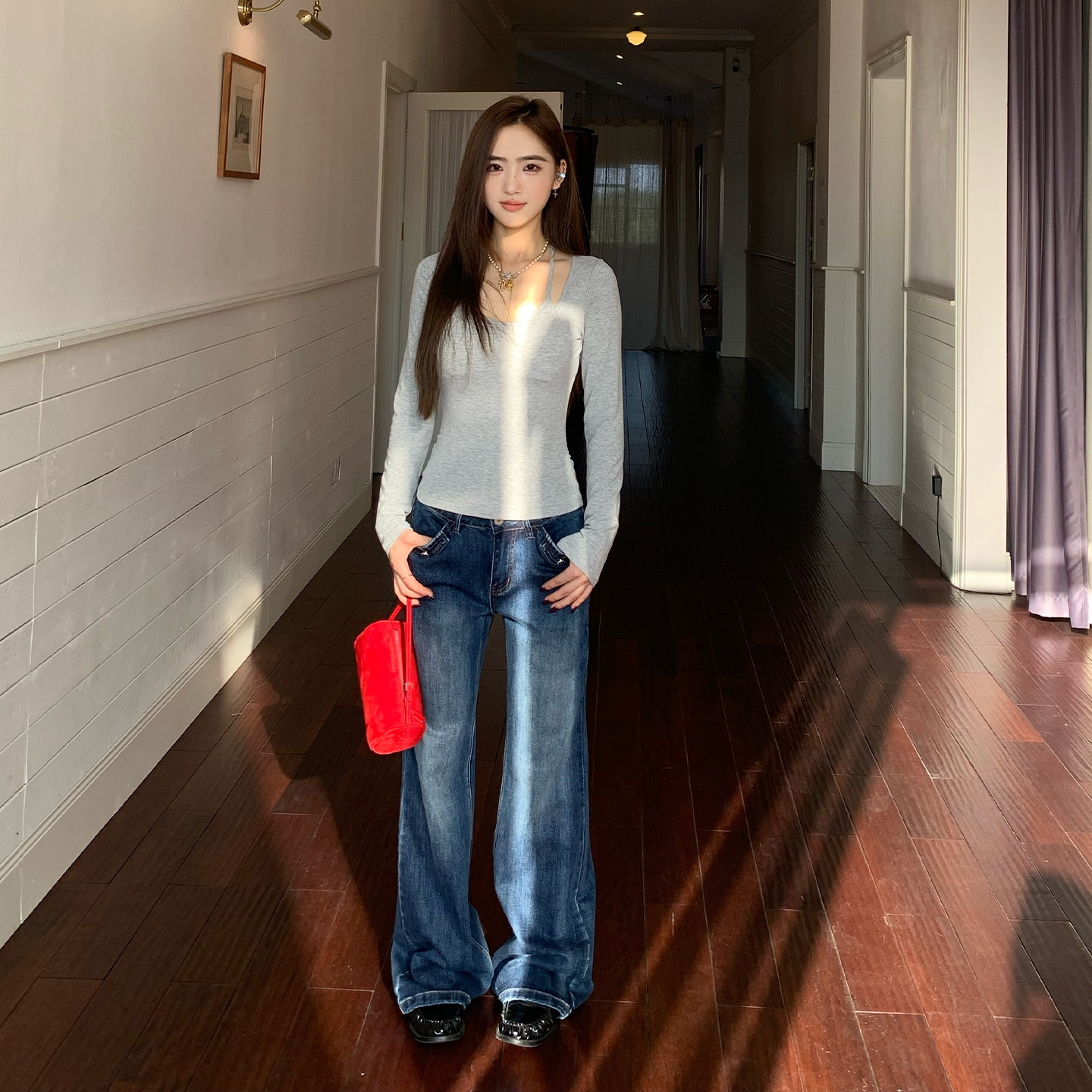 橘子树在哪儿丹宁风微喇牛仔裤女秋季松弛感复古直筒显瘦拖地裤子,淘宝优惠券,粉丝福利购,淘宝优惠卷