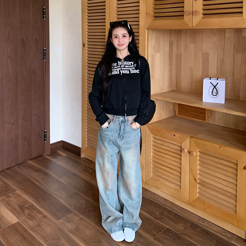 橘子树在哪儿美式蓝色牛仔裤女秋季款小众设计感阔腿显瘦拖地裤子,淘宝优惠券,粉丝福利购,淘宝优惠卷