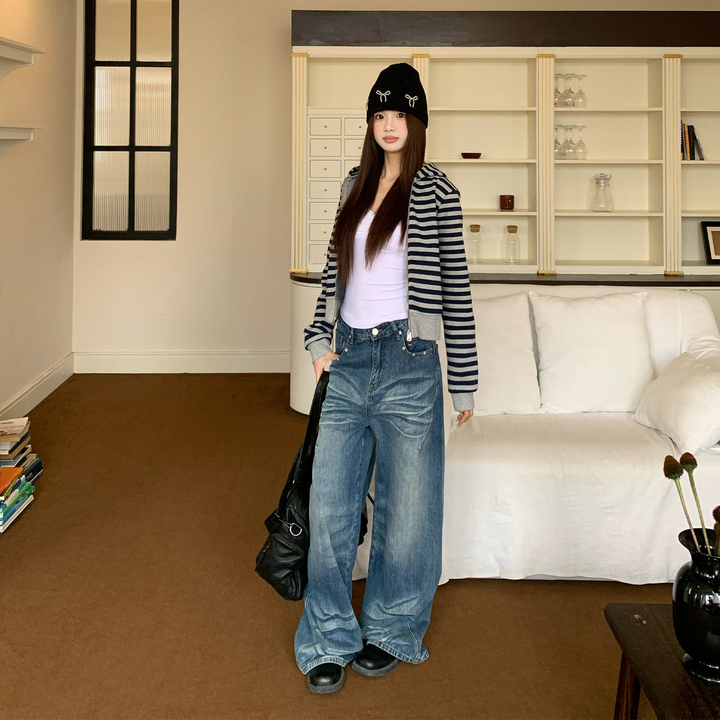 橘子树在哪儿复古猫须蓝色牛仔裤冬季女款设计感阔腿显瘦拖地裤子,淘宝优惠券,粉丝福利购,淘宝优惠卷