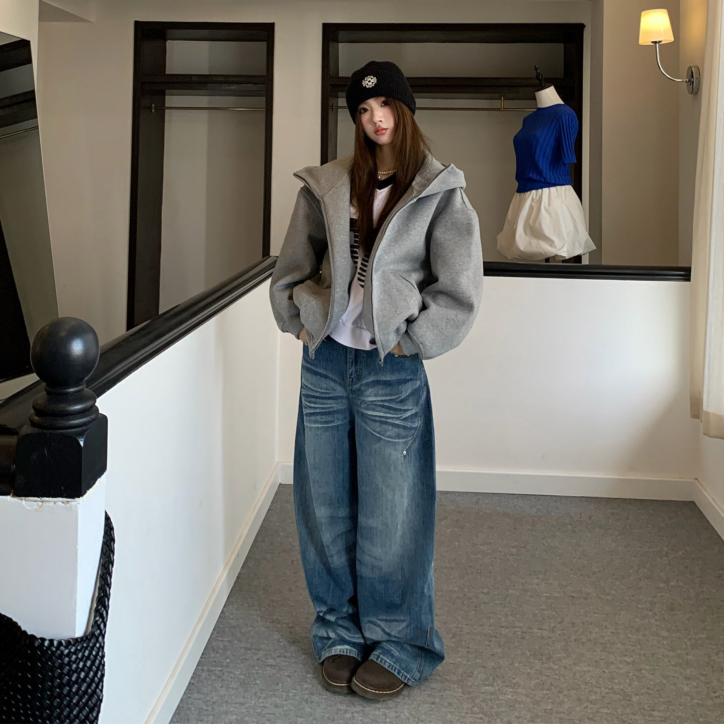 橘子树在哪儿复古猫须蓝色牛仔裤冬季女款设计感阔腿显瘦拖地裤子,淘宝优惠券,粉丝福利购,淘宝优惠卷