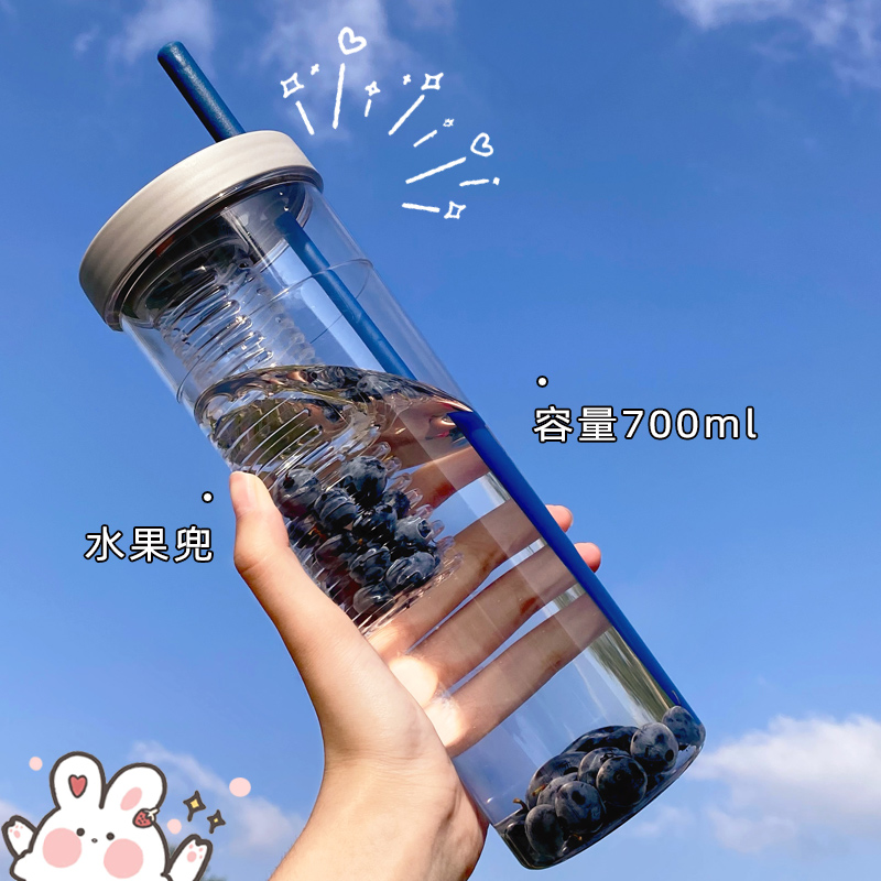 韩版ins风简约塑料杯水杯带吸管700ML柠檬过滤杯网红杯子吸管杯-图0