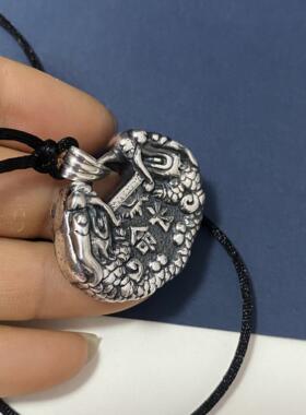 925纯银双龙戏珠吊坠复古龙头