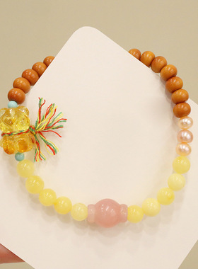 天然蜜蜡小熊手链女创意手工编制橄榄手绳新中式新品珍珠女款轻奢