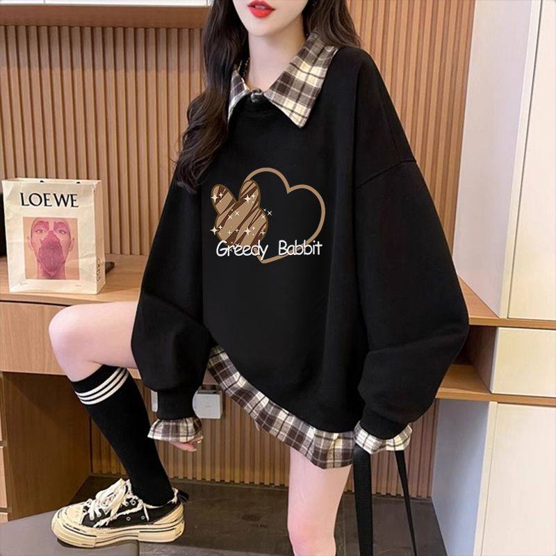 大码女装假两件加绒加厚卫衣女秋冬新款韩版宽松百搭设计感上衣潮,淘宝优惠券,粉丝福利购,淘宝优惠卷