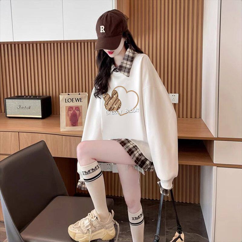 大码女装假两件加绒加厚卫衣女秋冬新款韩版宽松百搭设计感上衣潮,淘宝优惠券,粉丝福利购,淘宝优惠卷