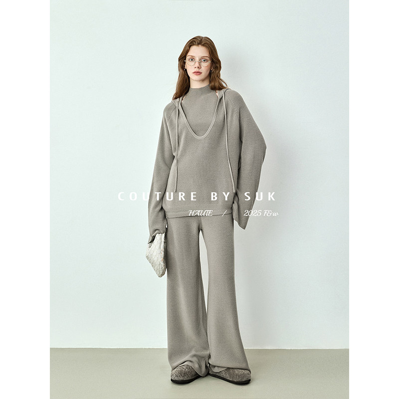 SUK 静影织风！可机洗100%羊毛套装女连帽休闲针织衫阔腿裤三件套,淘宝优惠券,粉丝福利购,淘宝优惠卷