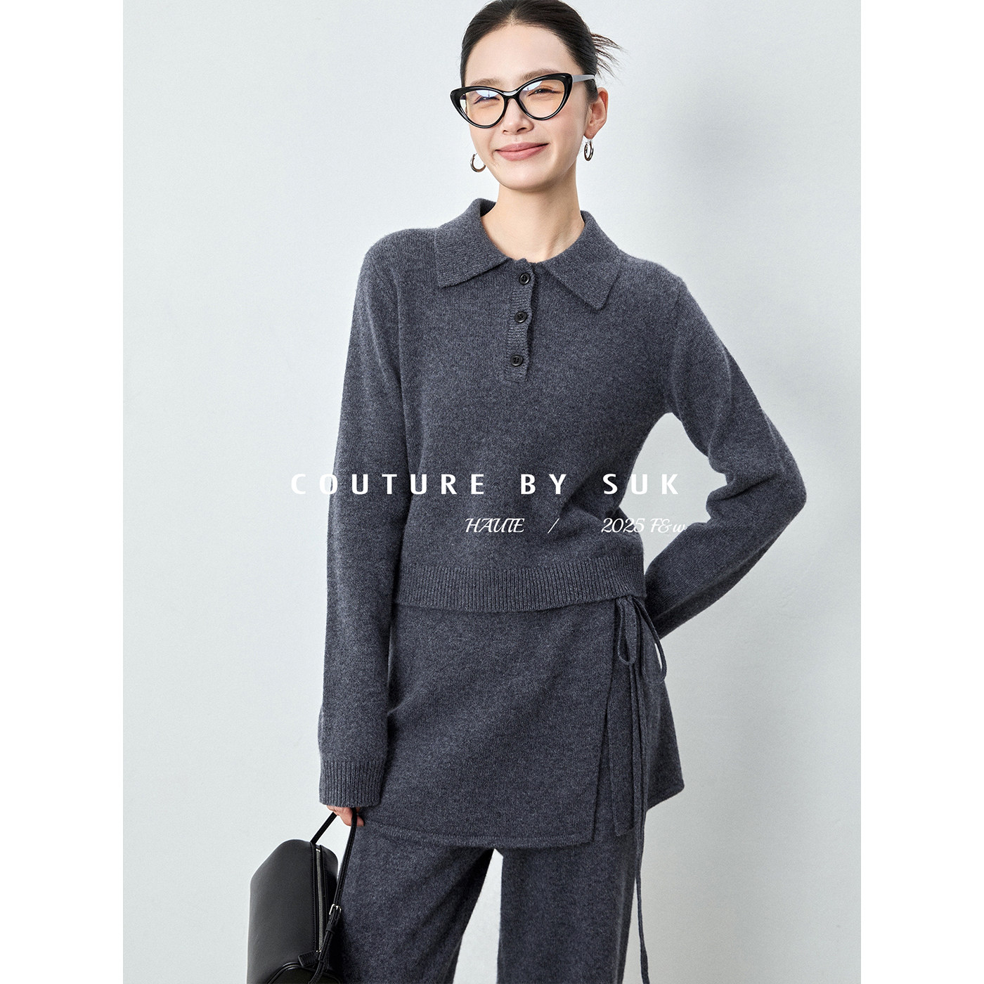 SUK 时尚摩登！ 100%羊毛翻领三粒扣针织衫假两件裙裤两件套装女,淘宝优惠券,粉丝福利购,淘宝优惠卷