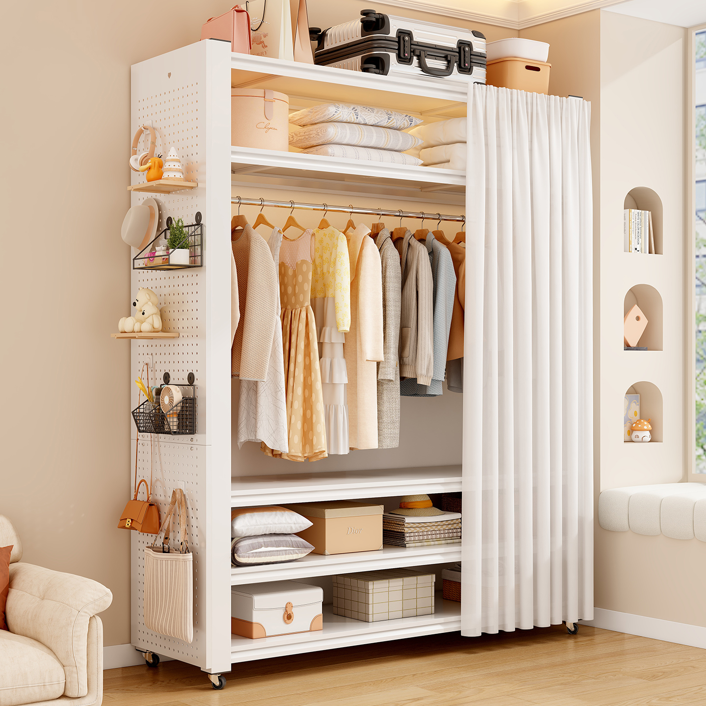 洞洞板衣柜家用卧室多功能货架简易组装出租房用开放式金属置物架 - 图2