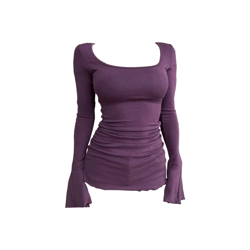 小众设计感喇叭袖方领长袖t恤女秋冬新款修身显瘦内搭打底衫上衣 - 图1