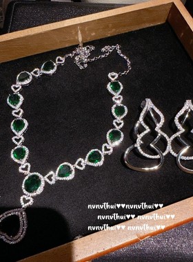 2025孔雀绿爱心项链女几何宝石光影葫芦锆石年会轻奢显白套装