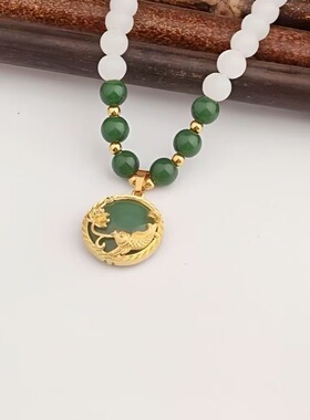 锦鲤戏莲绿色珍珠项链
