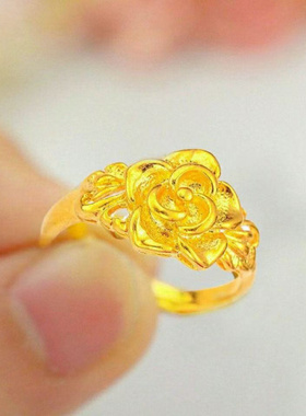 越南沙金镀金玫瑰花钻石女戒