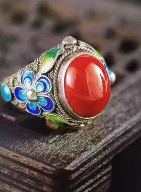 小众民族风烧蓝花丝戒指