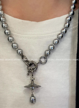 SHANCAI | 灰色螺旋巴洛克水滴珍珠土星项链choker锁骨链毛衣链女