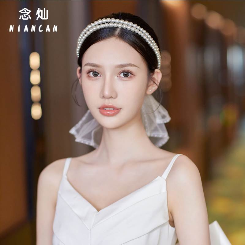 念灿韩新拍娘头蝴蝶结头纱式结婚证造型珍饰珠发箍饰婚礼领照发品_虎窝淘