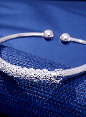 九乐纯银手镯女开口羽毛民族风