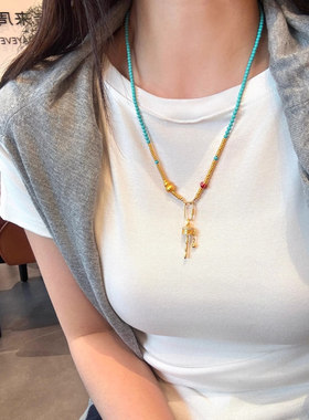 中式绿松石长款项链转运吊坠