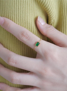 轻奢小众复古绿钻戒指抽拉式链条可调节大小时尚高级感饰品食指戒