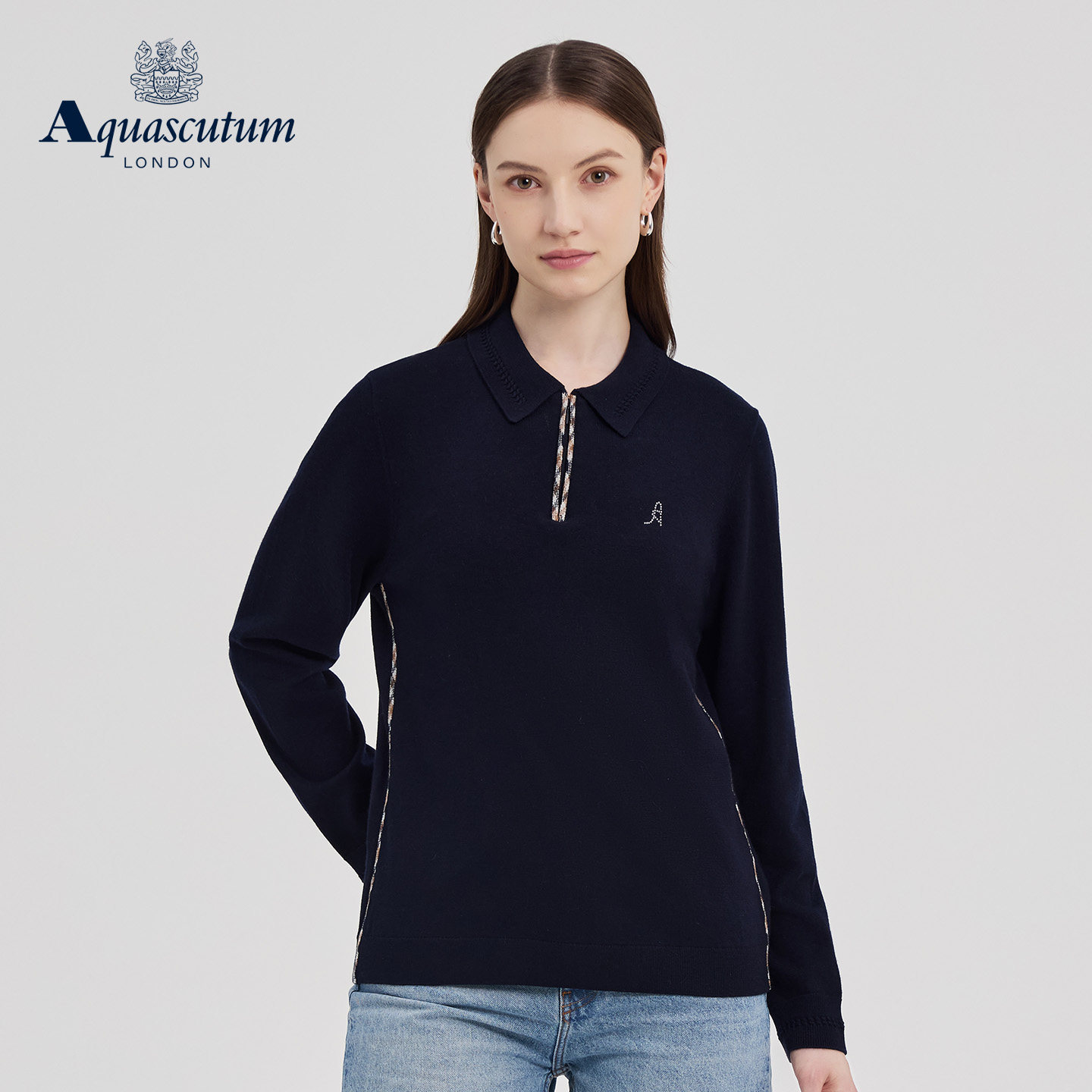 Aquascutum/雅格狮丹秋冬新品女修身翻领长袖内搭羊毛针织衫气质,淘宝优惠券,粉丝福利购,淘宝优惠卷