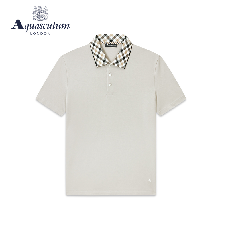 Aquascutum/雅格狮丹春夏男士格纹翻领纯棉短袖POLO恤Q49H9EM081