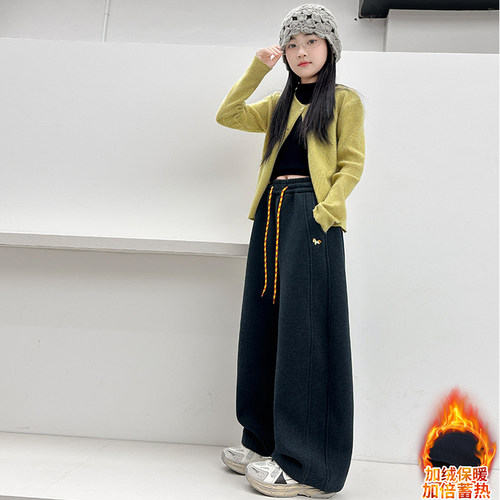 女童加绒裤子秋冬2025新款儿童一体绒外穿弯刀裤大童冬季加厚卫裤 - 图3