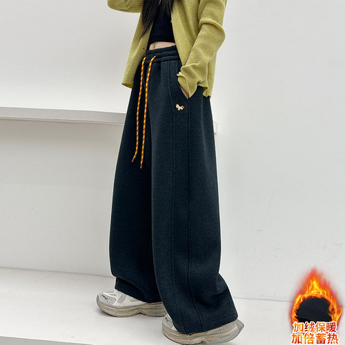 女童加绒裤子秋冬2025新款儿童一体绒外穿弯刀裤大童冬季加厚卫裤 - 图1