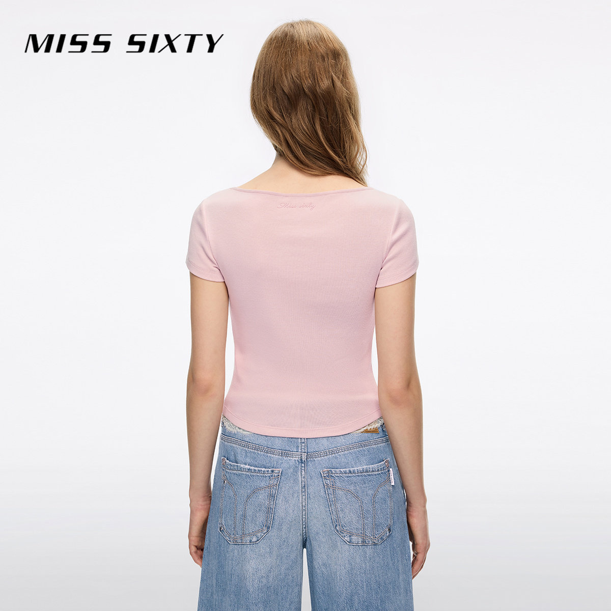 [大U领]Miss Sixty2026夏季大领口短袖T恤女蕾丝拼接修身短款