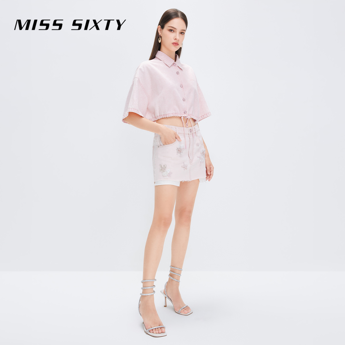 Miss Sixty牛仔短裙女重工钉珠浅粉色减龄甜美风设计感口袋外露-图2