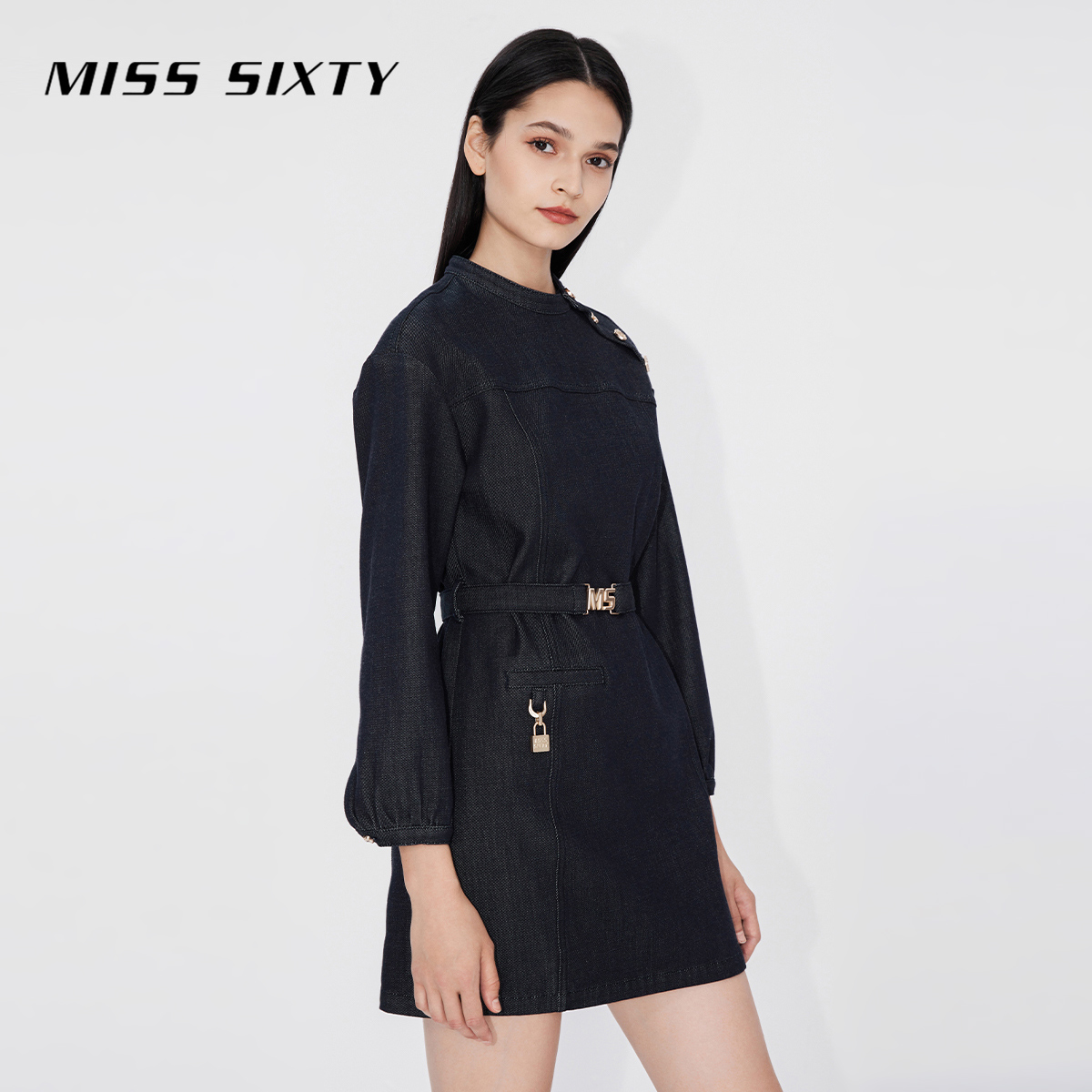 Miss Sixty牛仔长袖连衣裙女配腰带显瘦气质圆领通勤一步裙短裙