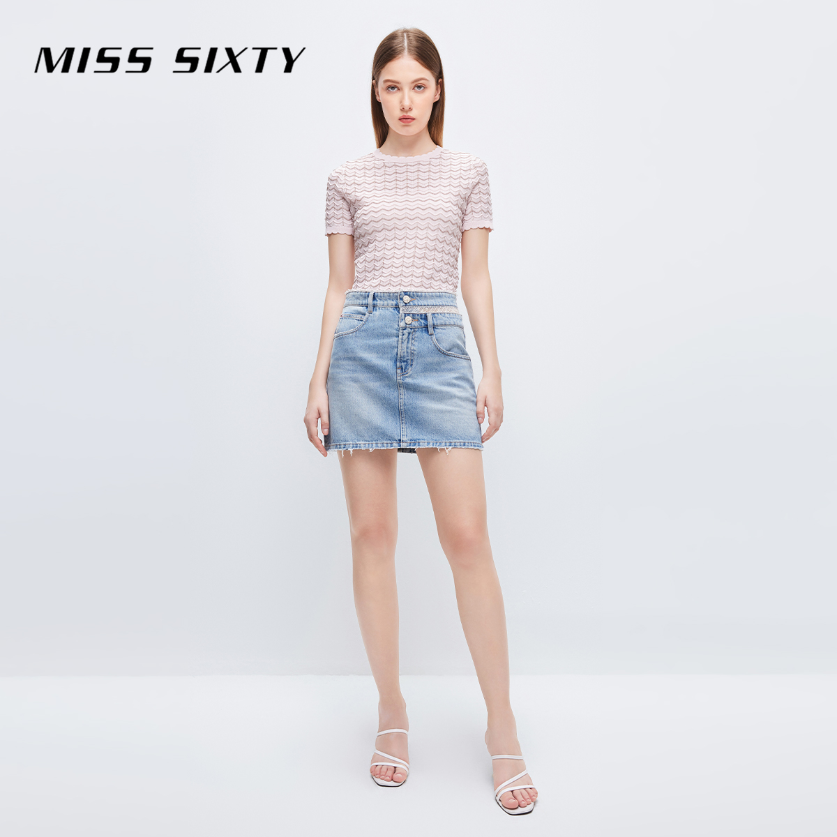 Miss Sixty牛仔半裙女高腰显瘦镂空钉珠小众设计感短裙小个子 - 图3