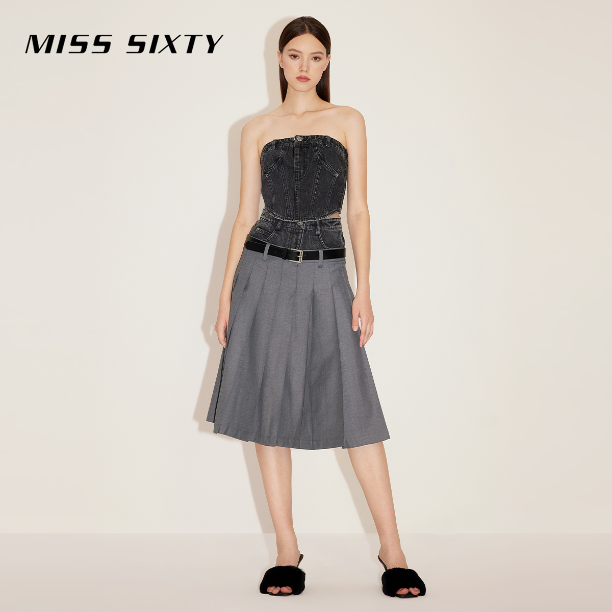 【黑金系列】Miss Sixty黑灰牛仔抹胸女性感修身Y2K辣妹鱼骨上衣 - 图2