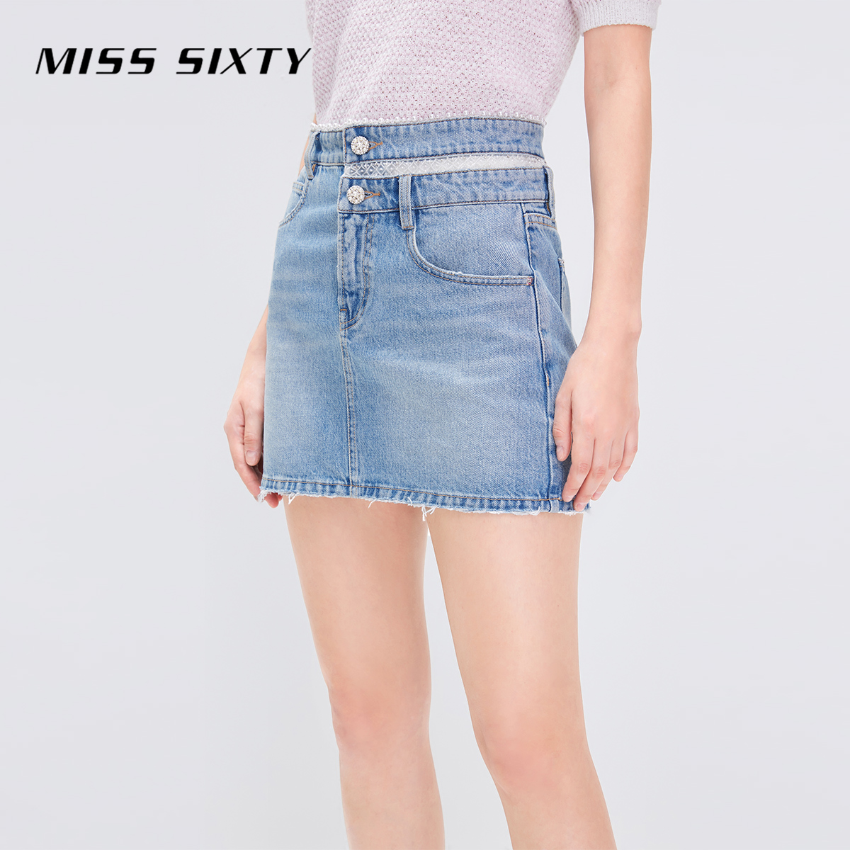Miss Sixty牛仔半裙女高腰显瘦镂空钉珠小众设计感短裙小个子 - 图1