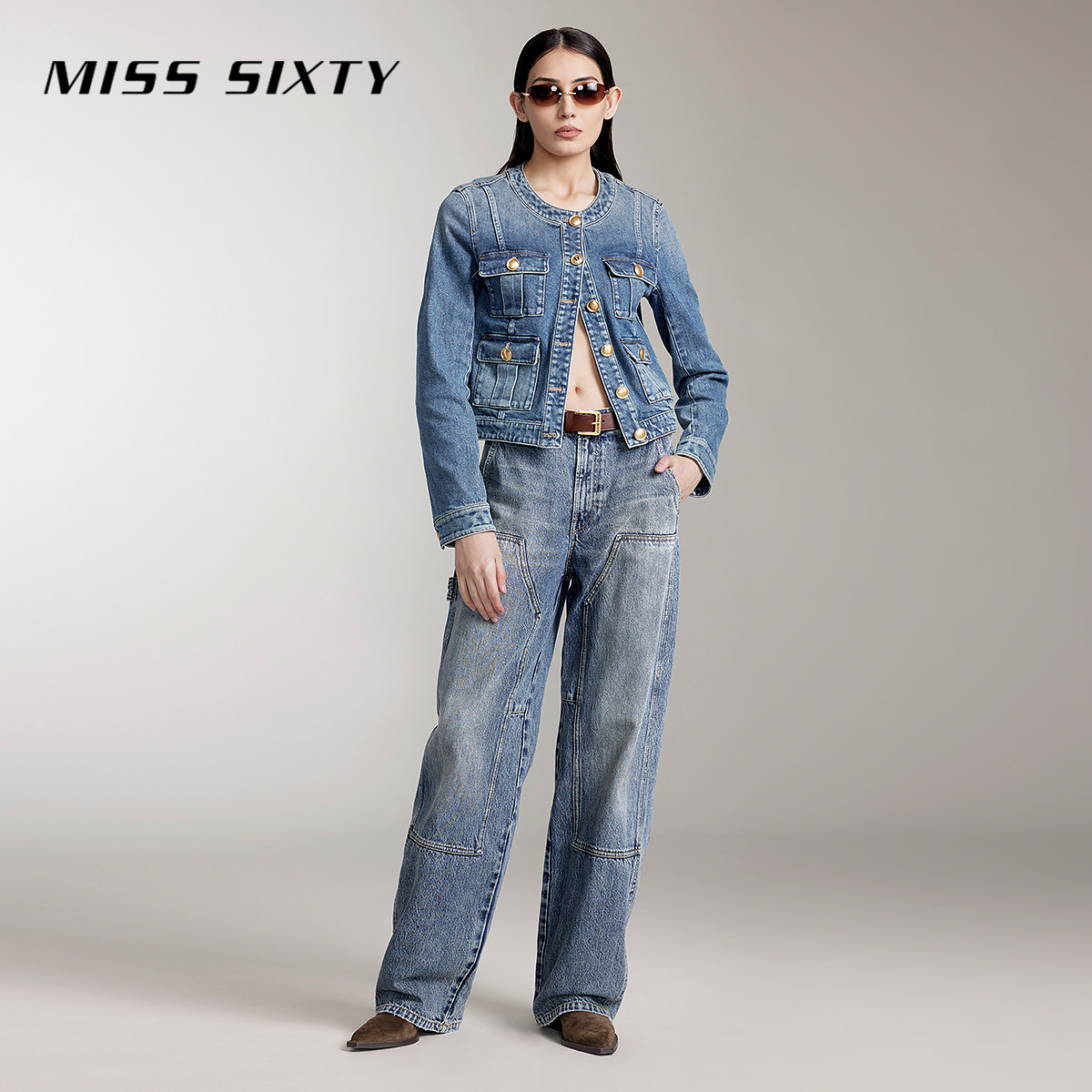 Miss Sixty牛仔裤女复古洗水设计感拼裁显瘦百搭工装风阔腿裤