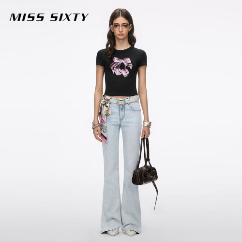 Miss Sixty2026夏季新款短袖T恤女圆领钉珠亮片印花甜酷减龄上衣 - 图1