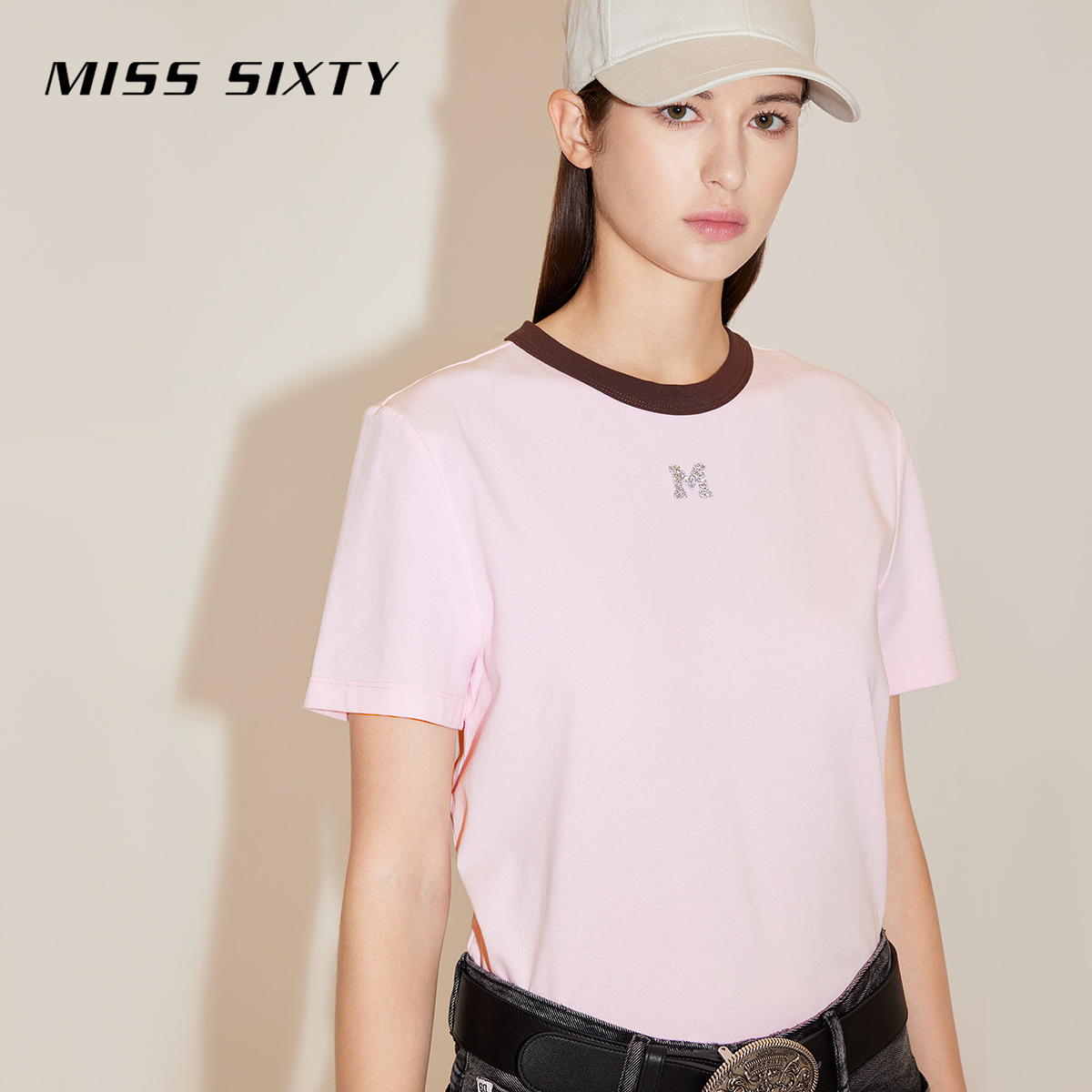 Miss Sixty2024春季新款T恤女拼色圆领短袖美式复古钻饰百搭休闲 - 图1