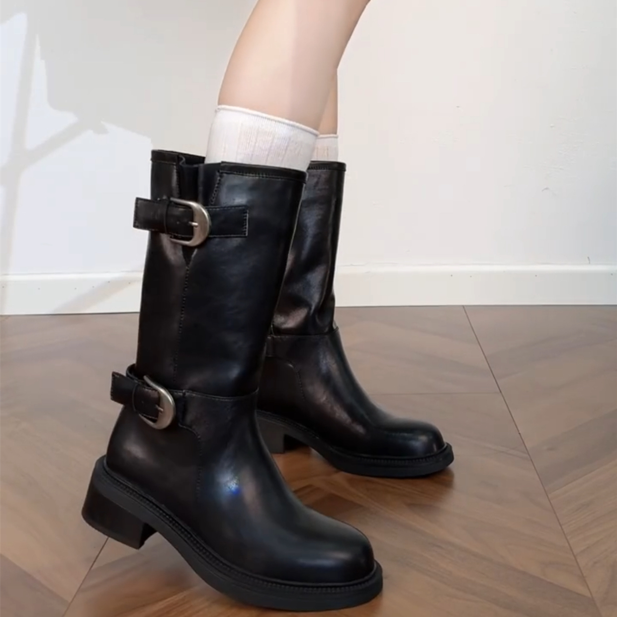 真皮厚底英伦风皮带扣2025新款中筒堆堆靴骑士靴女复古圆头长筒靴 - 图0