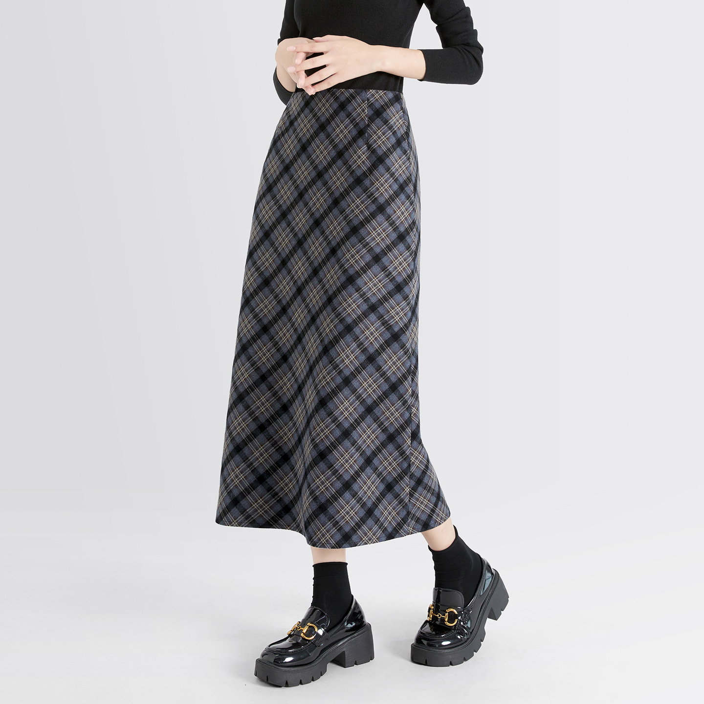 她池高腰半身裙2025秋装新款女装复古格纹侧开叉直筒显瘦中长裙