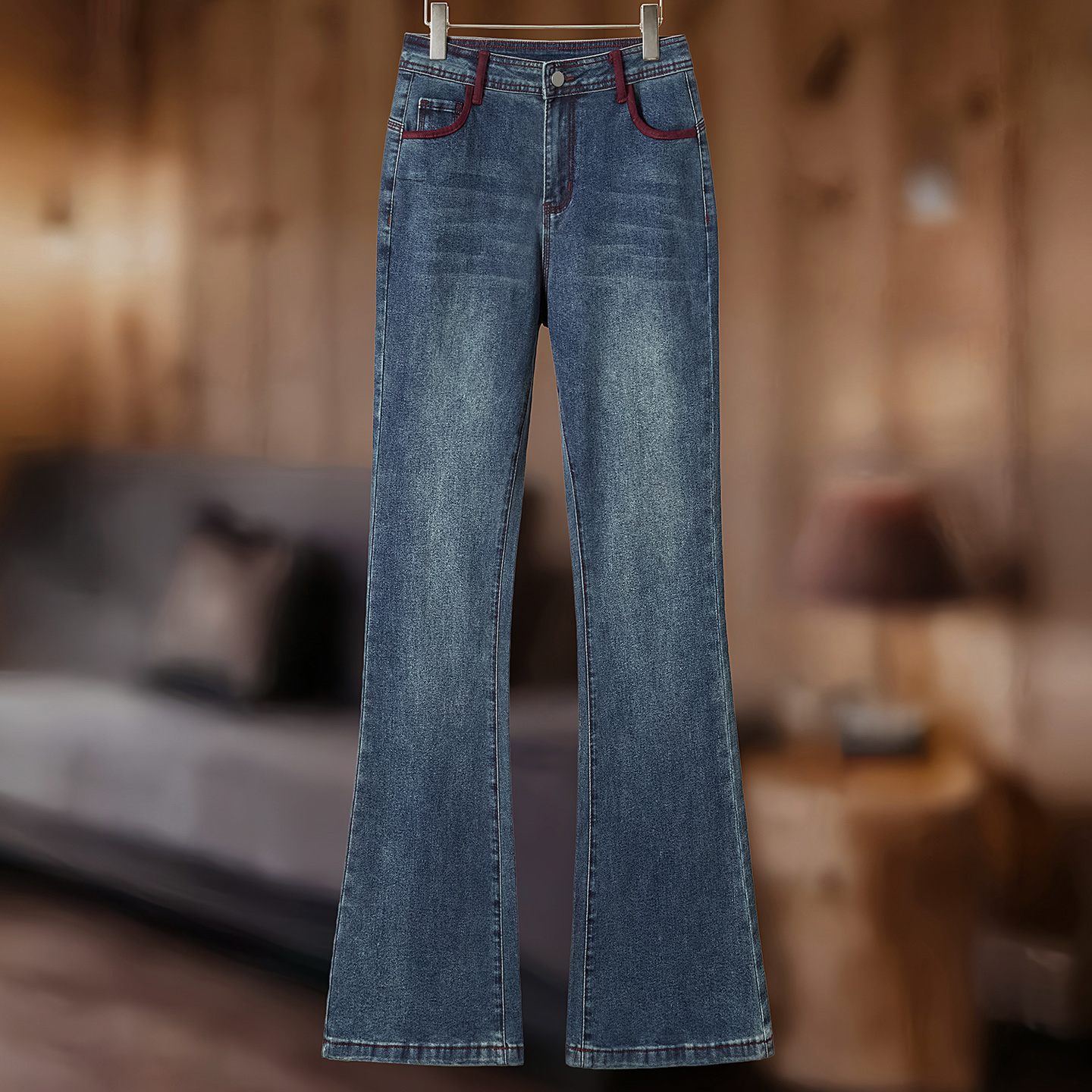 她池高腰牛仔裤2025秋装新款女装时尚撞色水洗做旧修身长款微喇裤