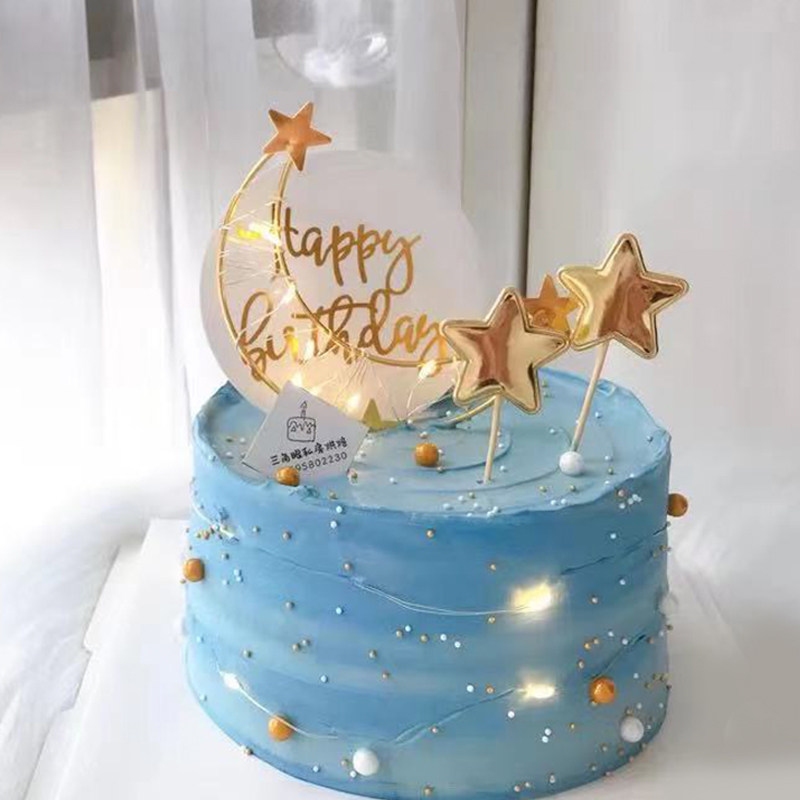 唯美金色铁艺星星月亮蛋糕装饰插件生日插牌派对甜品台烘焙用品
