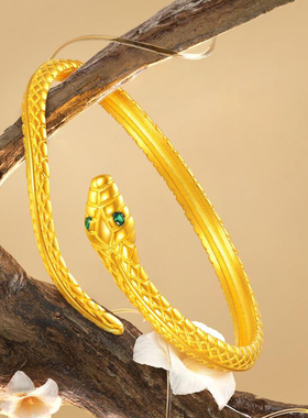 灵蛇手镯女古法真金包银镶嵌绿宝