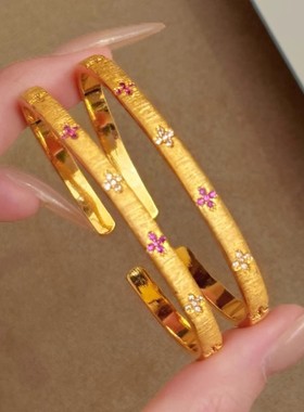 雪禧香港四叶花手镯女金包银复古新中式拉丝工艺显白高颜值富贵