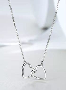 S925纯银光面双爱心项链轻奢心形相扣双环吊坠高级感锁骨链送女友