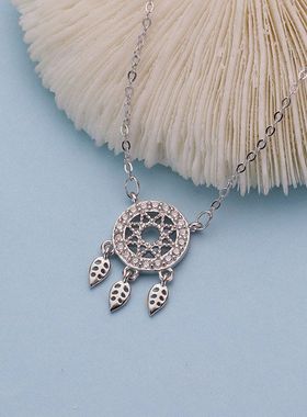 清仓S925纯银项链女百搭捕梦网锁骨链韩版轻奢设计树叶流苏吊坠