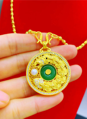 新中式首饰镶嵌仿真珍珠玉石钱龙通宝圆牌吊坠镀金沙金圆珠项链女
