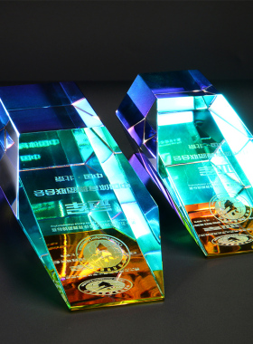 水晶奖杯定制 五彩六角斜面奖杯奖牌定做公司比赛运动会礼品年会